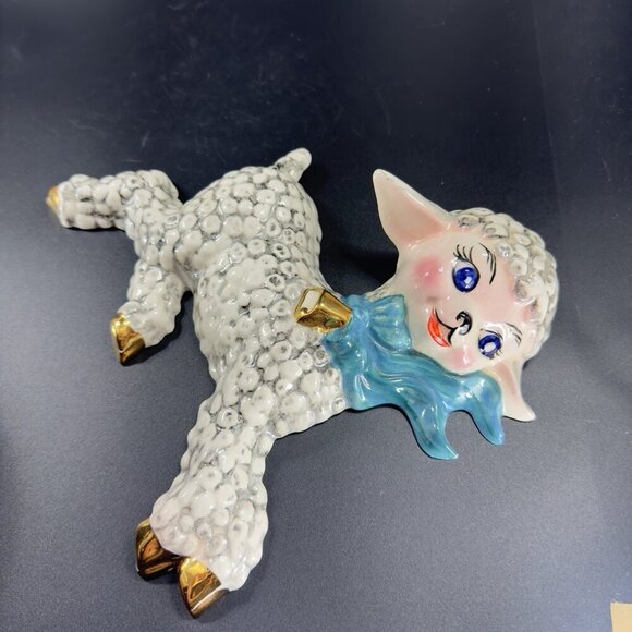 1950s Ceramic Lamb Shell Whimsical Hand Painted Wall Hanging Plaque Figure VTG - Picture 15 of 16